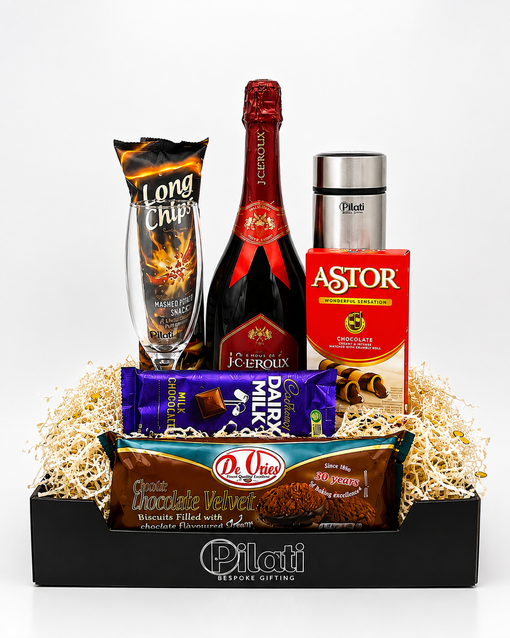 A Pilati gift basket containing a bottle of J.C.